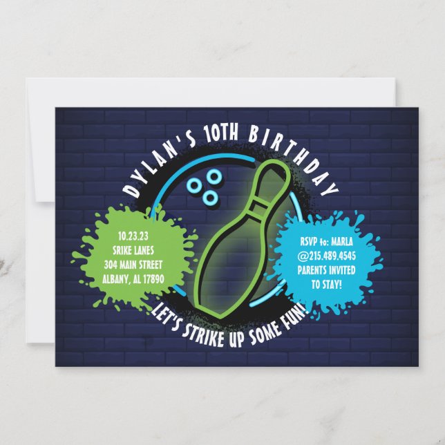 Carte NEON BOWLING BALL NEON GREEN Birthday Party (Devant)