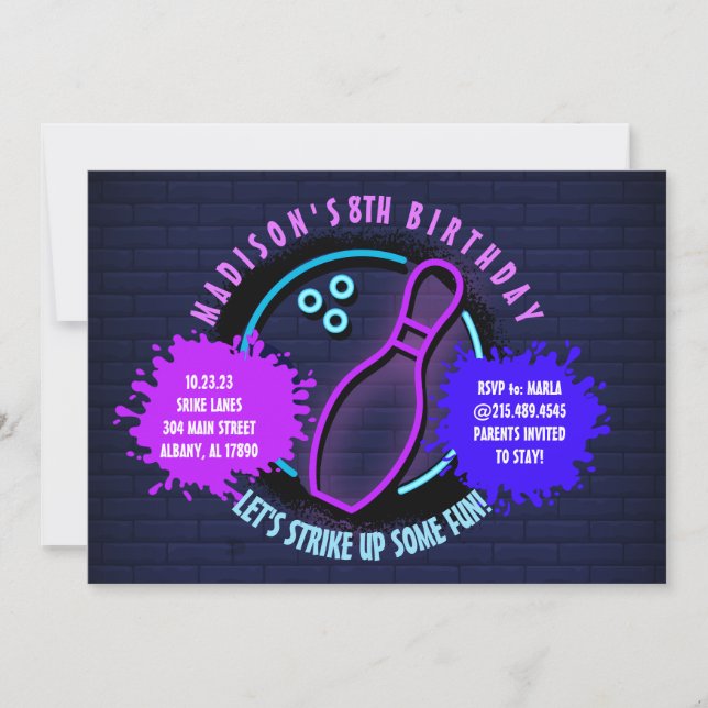 Carte NEON BOWLING BALL ROUND Anniversaire Fête Invitati (Devant)