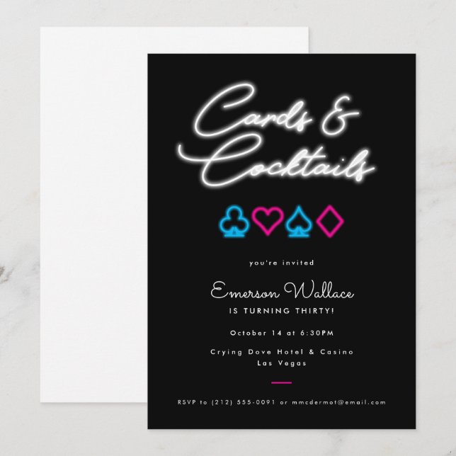 Carte Neon & Cocktails Invitation Anniversaire (Devant / Derrière)