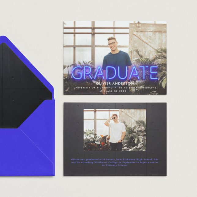 Carte Néon de graduation bleu contemporain moderne deux  (Créateur téléchargé)