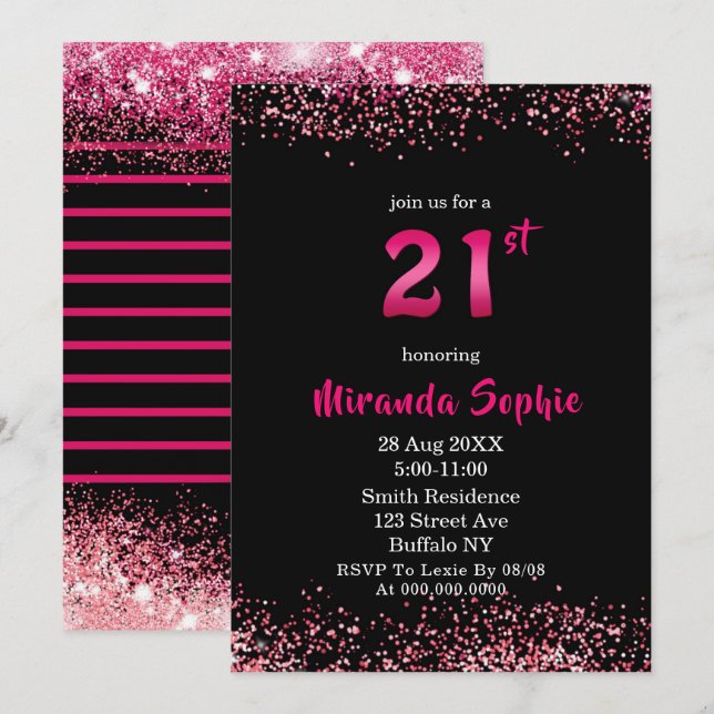 Carte Neon Hot Pink Parties scintillant 21e anniversaire (Devant / Derrière)