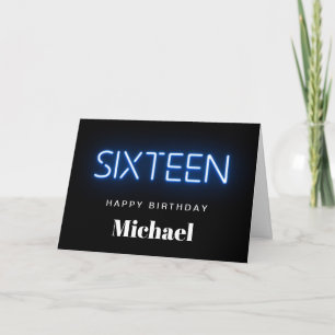 Carte Neon Lights Blue Personnalisé 16e anniversaire