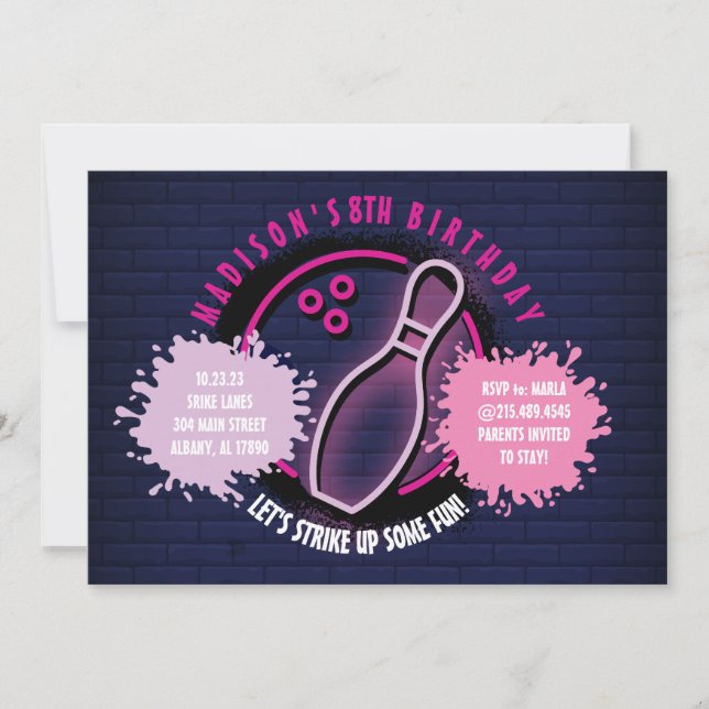 Carte NEON PINK BOWLING BALL ROND Anniversaire (Devant)
