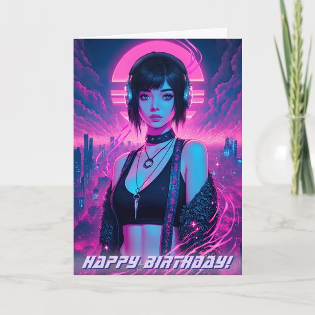 Carte Neon Retro Cyber Punk Rock Girl (Devant)