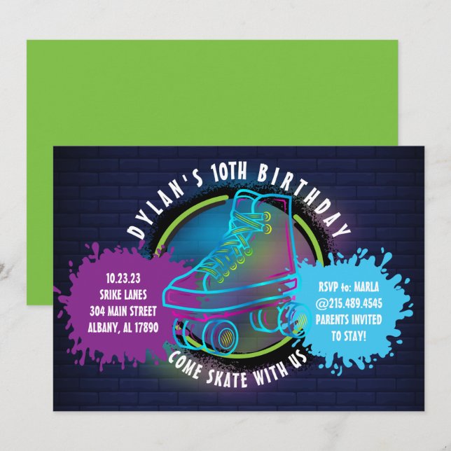 Carte NEON ROLLER SKATING GLOW NEON GREEN Birthday Party (Devant / Derrière)