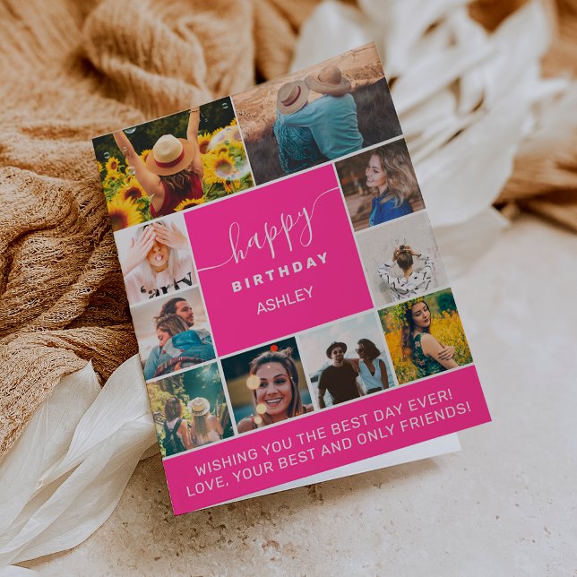Carte Neon rose simple anniversaire 10 photo collage gri (Créateur téléchargé)