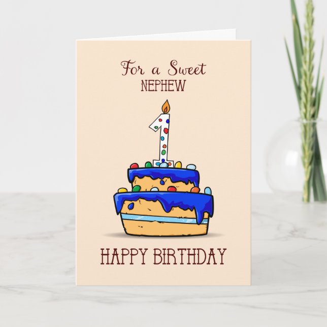 Carte Nephew 1er anniversaire, 1 sur le gâteau bleu doux (Devant)