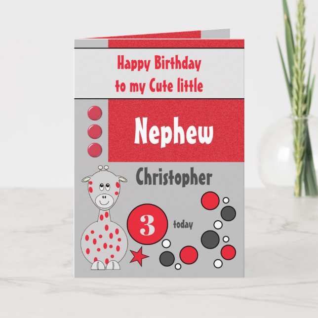 Carte Nephew toute girafe âge rouge et gris anniversaire (Devant)