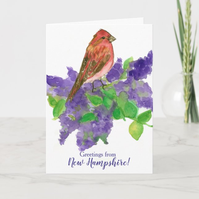 Carte New Hampshire Salutations Purple Finch Lilacs (Devant)