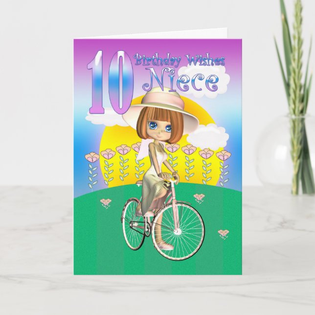 Carte nièce 10e anniversaire avec petite fille à v (Devant)