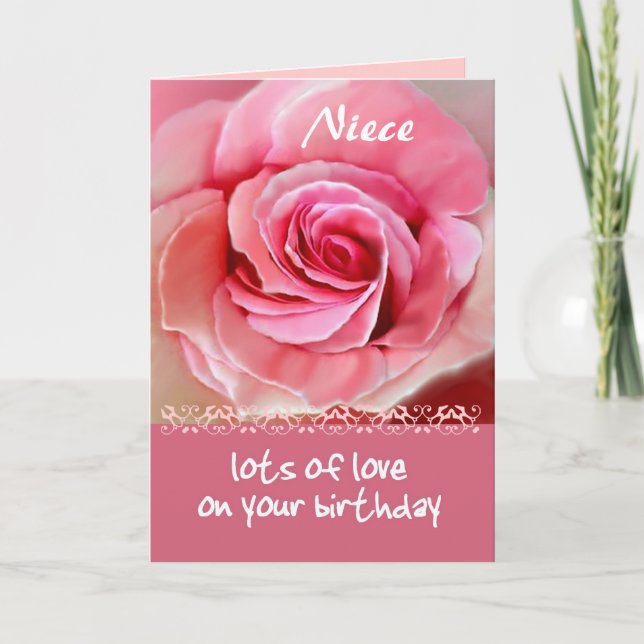 Carte NIECE Anniversaire avec Rose rose et dentelle (Devant)