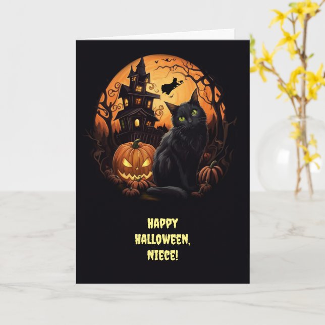 Carte Niece Halloween Chats Noirs Pumpkins (Fleur jaune)