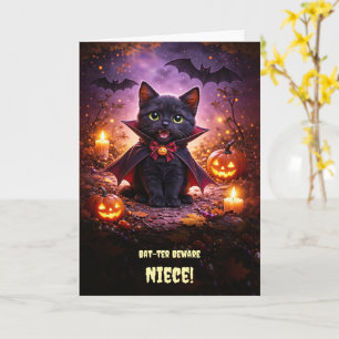Carte Nièce Joyeux Halloween avec chauves-souris Chat No