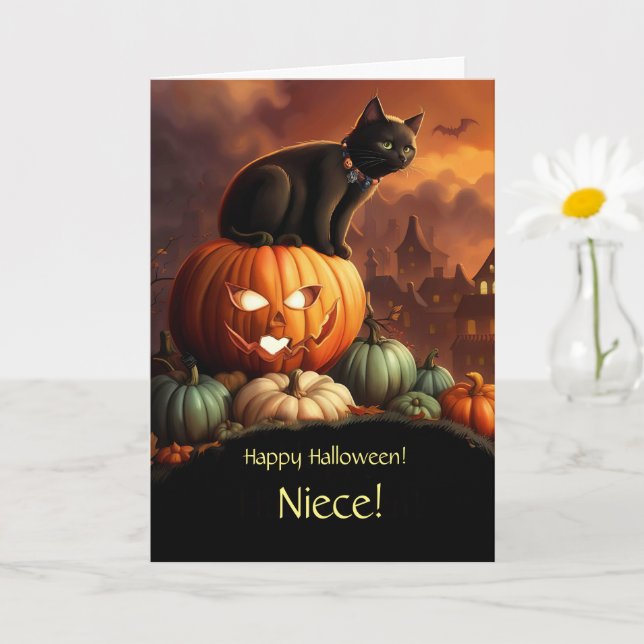Carte Nièce Joyeux Halloween Mignon Chat Noir et Citroui (Petite plante)