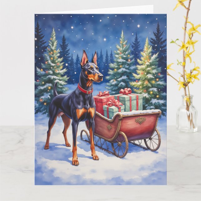 Carte Noble Doberman Guarding Christmas Sleigh Winter (Fleur jaune)