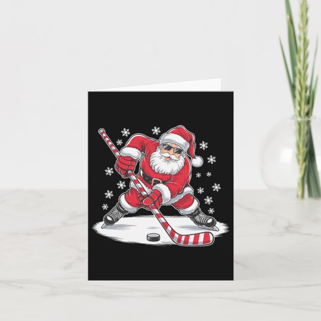 Carte Noël amusant Père Noël Jouer de hockey sur glace N (Devant)