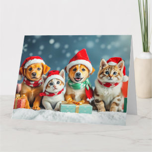Carte Noël avec des chiots et des chatons