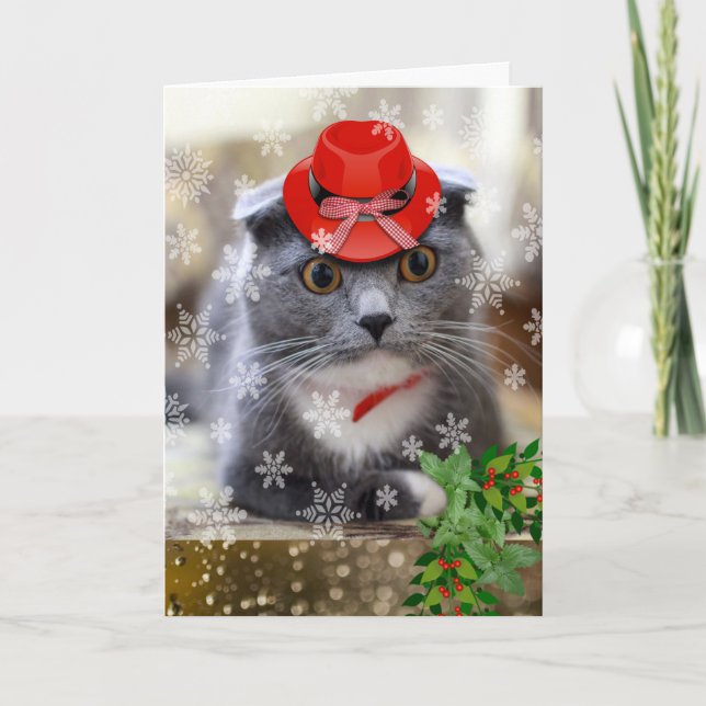 Carte Noël avec écossais Pold Cat en Casquette rouge (Devant)