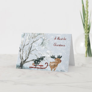 Carte Noël avec Moose Pulling Christmas Tree