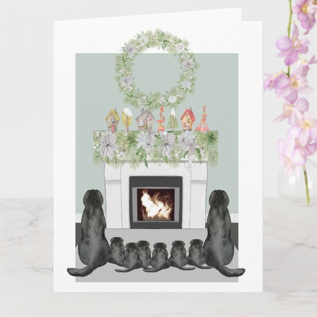 Carte Noël Black Labrador Famille Cheminée Scène (Orchidée)