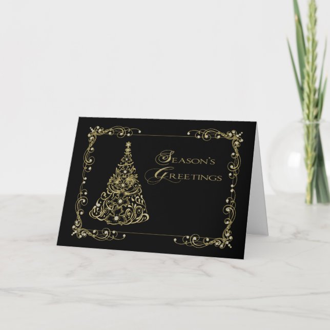 Carte Noël, Bonnes Fêtes Arbre d'or sur Noir (Devant)