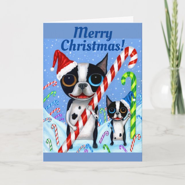 Carte Noël Boston Terrier Chiens Sucre de canne Santa Ha (Devant)