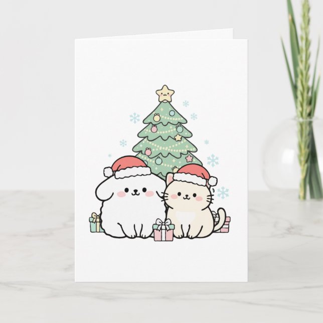 Carte Noël Cute Kawaii Fête Chat & Chien Fête (Devant)
