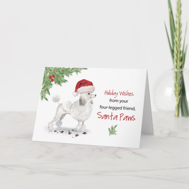 Carte Noël de caniche blanche de chien dans Funny Santa  (Devant)