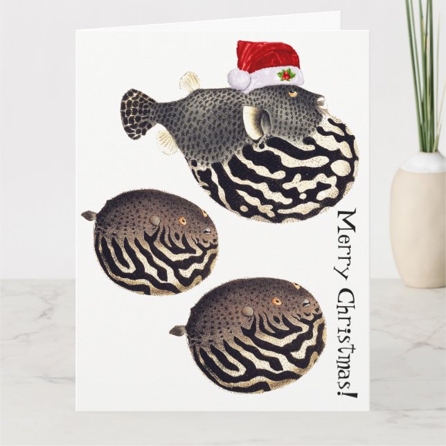 Carte Noël de Père Noël de poissons de Blowfish Joyeux ! (Devant)