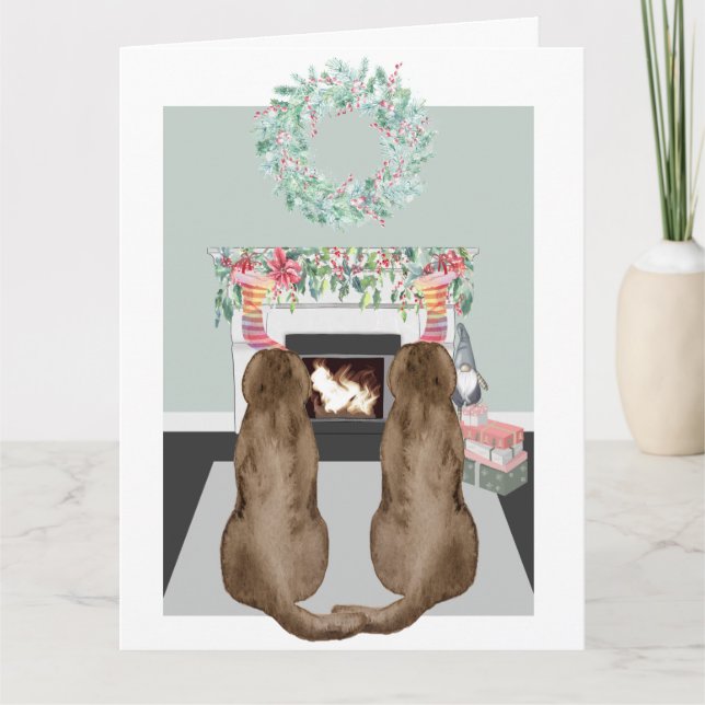 Carte Noël Deux Chiens du Labrador Choc Cheminée Scène (Devant)