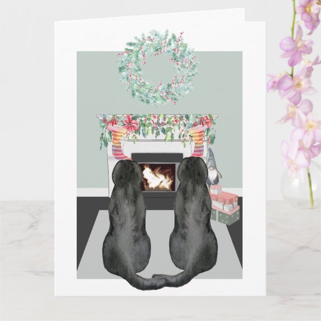 Carte Noël Deux Chiens noirs du Labrador Scène de la che (Orchidée)