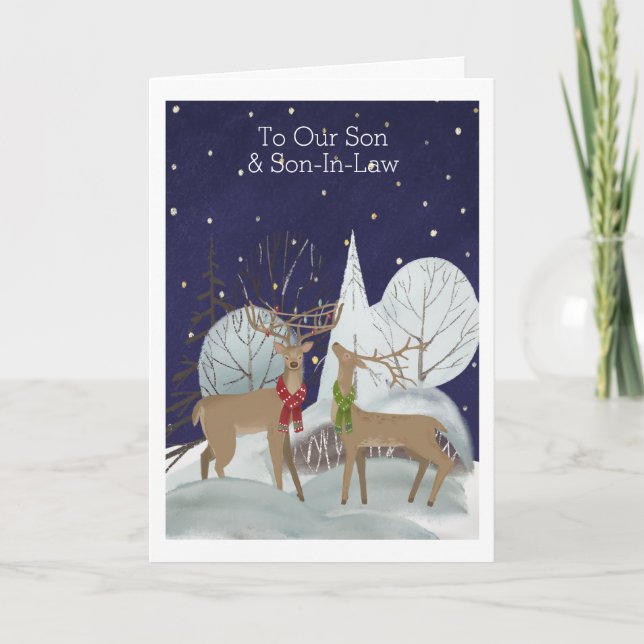 Carte Noël Deux Hommes Deer Snow Scène Personnalisée (Devant)