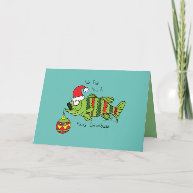 Carte Noël drôle de pêche au poisson bass cartoon mignon (Devant)