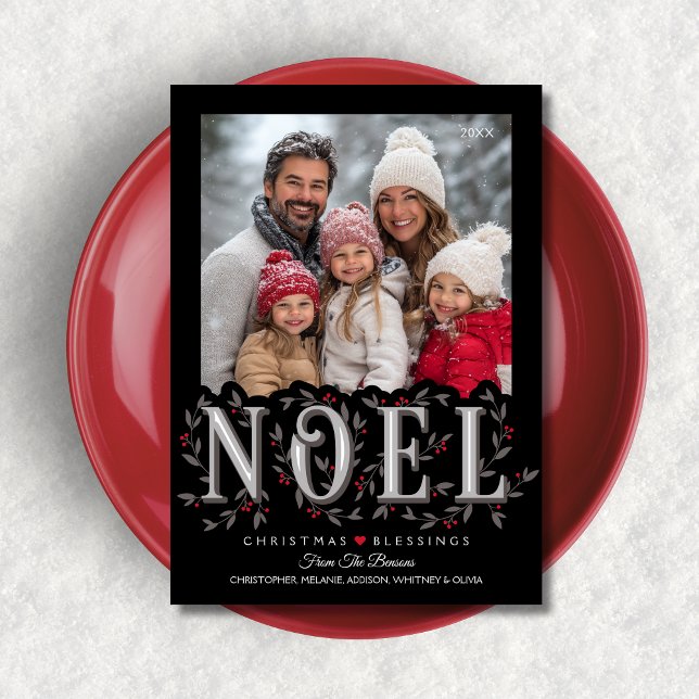 Carte Noel Elegant Black Red Photo Christmas (Shown on a 5" x 7" card)