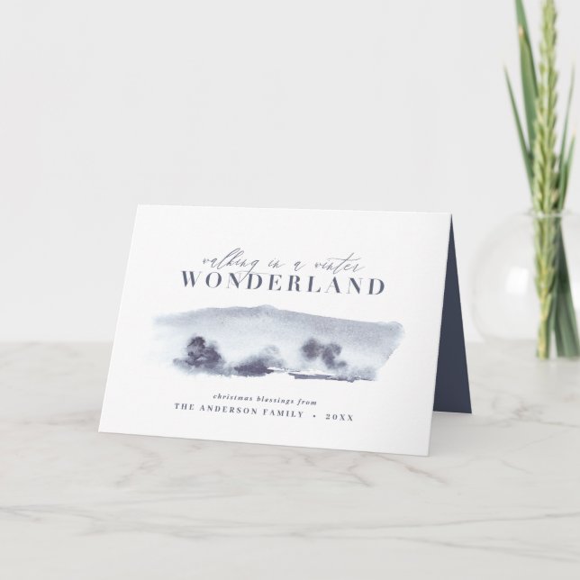 Carte Noël élégant bleu aquarelle scène hiver (Devant)