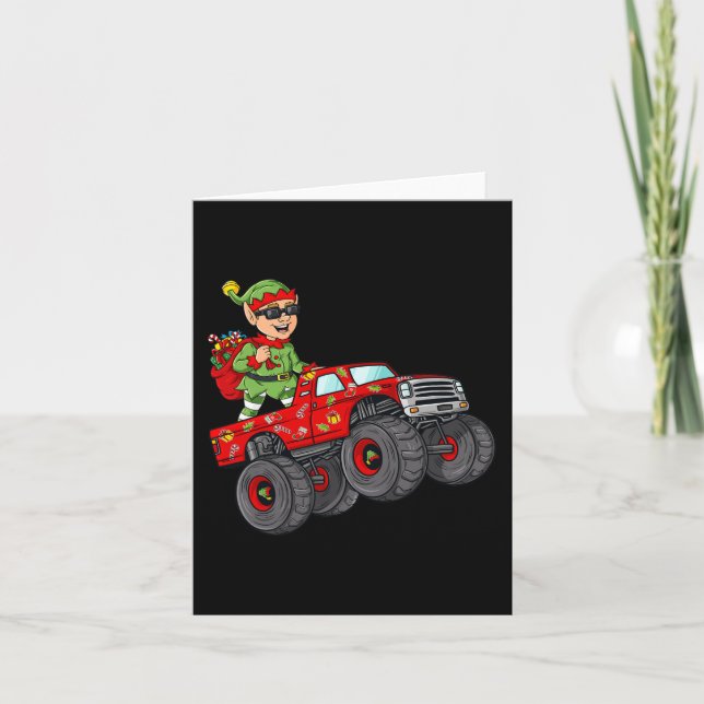 Carte Noël Elf équitation Monster Camion Garçons Enfants (Devant)