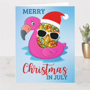 Carte Noël en juillet Ananas Santas Casquette Flamant ro