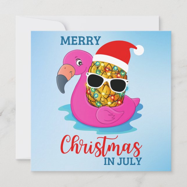 Carte Noël en juillet Ananas Santas Casquette Flamant ro (Devant)