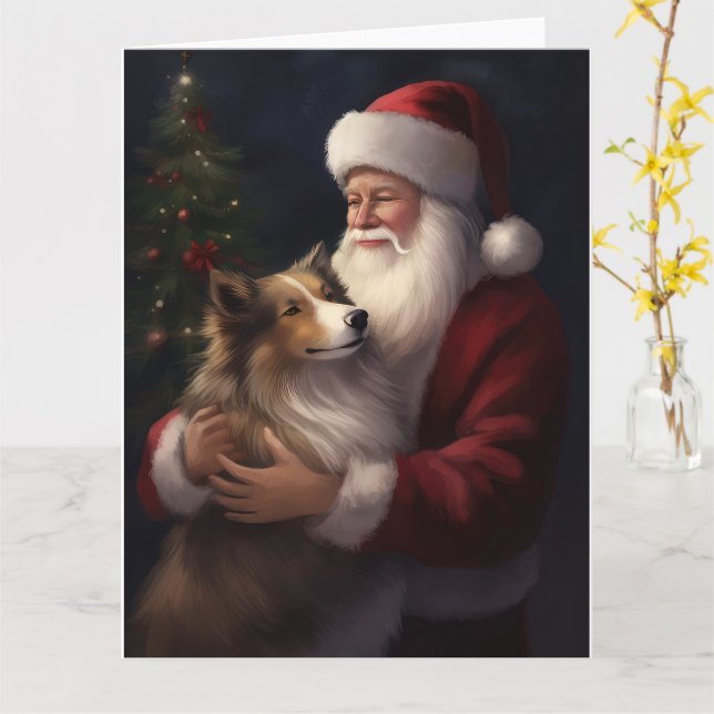 Carte Noël festif de Shetland Sheepdog Père Noël (Fleur jaune)