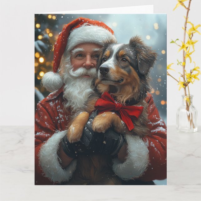 Carte Noël festif du berger australien Père Noël (Fleur jaune)