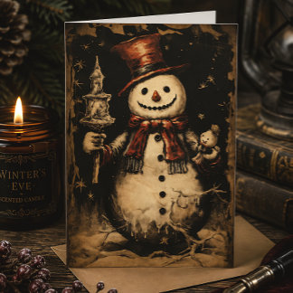 Carte Noël gothique vintage bonhomme de neige victorien