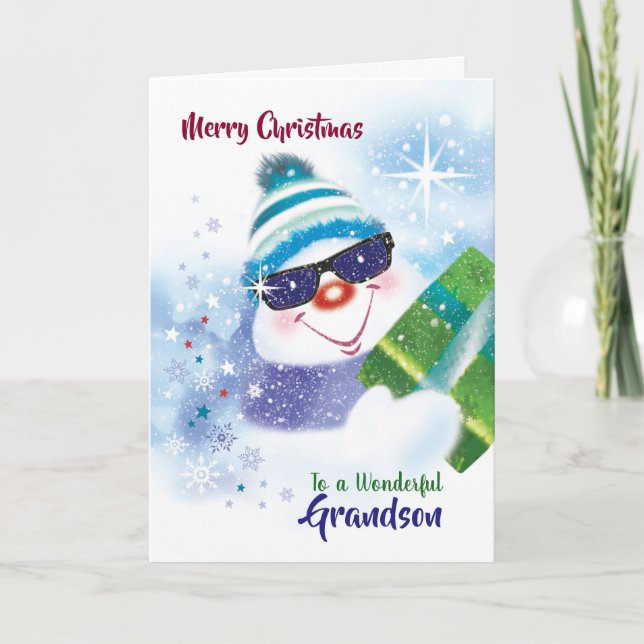Carte Noël, Grand-fils, Cool Snowman en lunettes de sole (Devant)