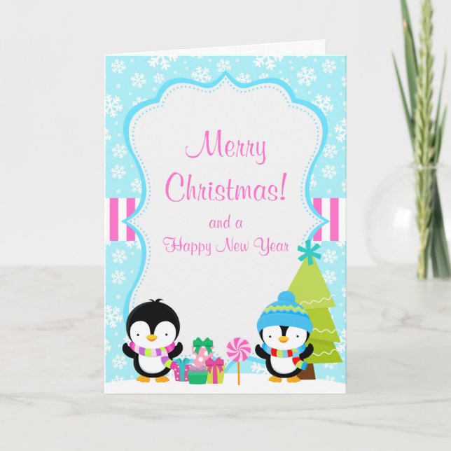 Carte Noël hiver mignonne pingouins Joyeux Noël (Devant)