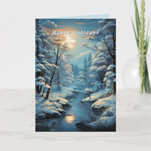 Carte Noël Hiver Pays Forêt Rivière Pleine Lune 