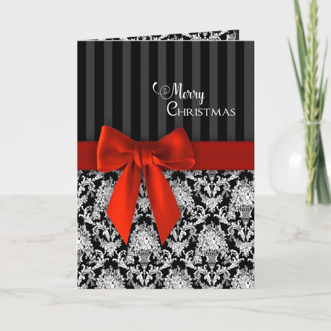 Carte Noël, Motifs noirs/blancs élégants/ruban rouge (Devant)