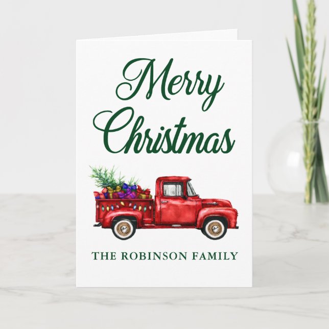 Carte Noël Nom de famille Camion rouge classique Cadeaux (Devant)