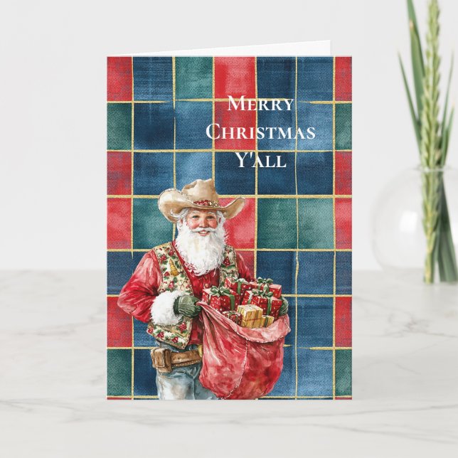 Carte Noël occidental Rouge Bleu Vert Cowboy Père Noël (Devant)