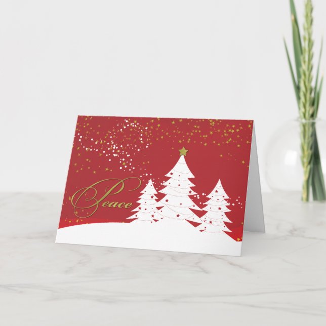 Carte Noël Paix Arbres blancs sur Rouge avec look or (Devant)