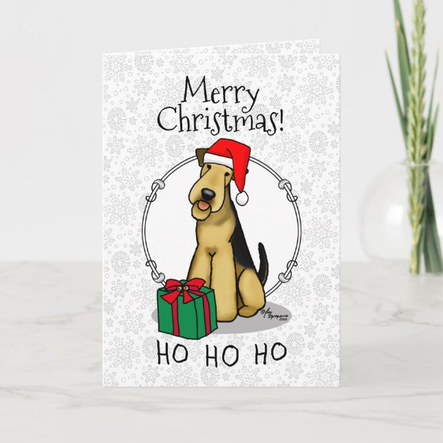 Carte Noël Père Noël Airedale Terrier HO HO (Devant)