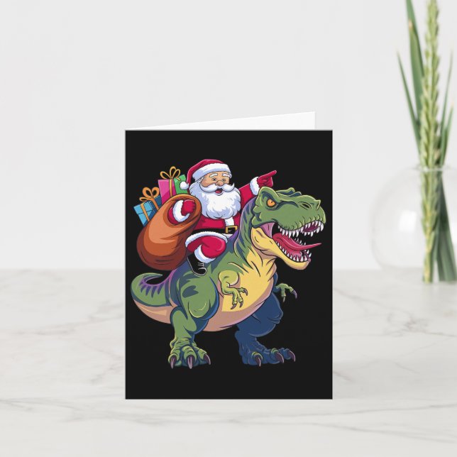 Carte Noël Père Noël équitation Dinosaur T-rex Garçons E (Devant)